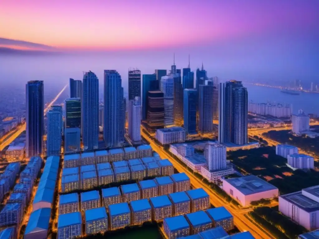 Horizonte urbano al atardecer: luces y modernidad Vibrante ciudad al atardecer, con modernos rascacielos y luces brillantes