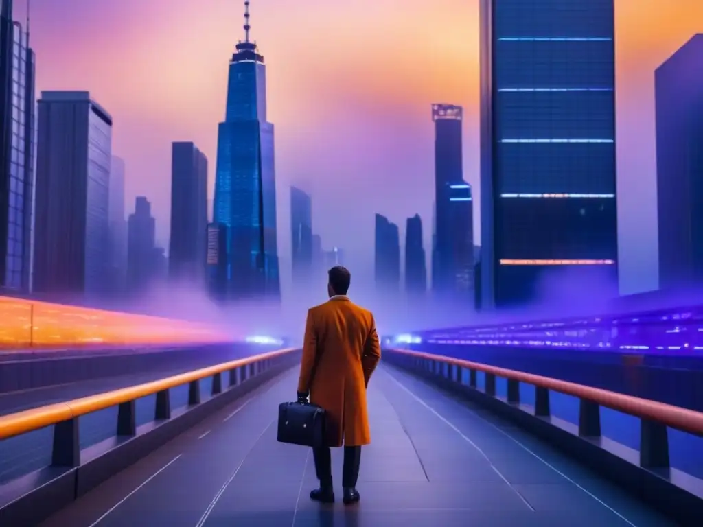 Horizonte urbano al atardecer: ciudad futurista en 8k Vibrante ciudad al atardecer con modernos rascacielos y profesionales en trajes de negocios
