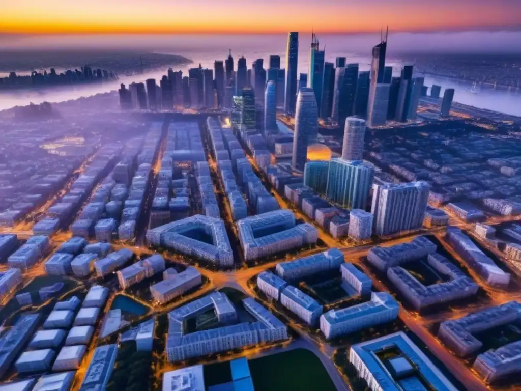 Espectacular ciudad moderna al atardecer: arquitectura, calles y skyline vibrantes Vibrante ciudad al atardecer con modernos edificios y calles llenas de vida