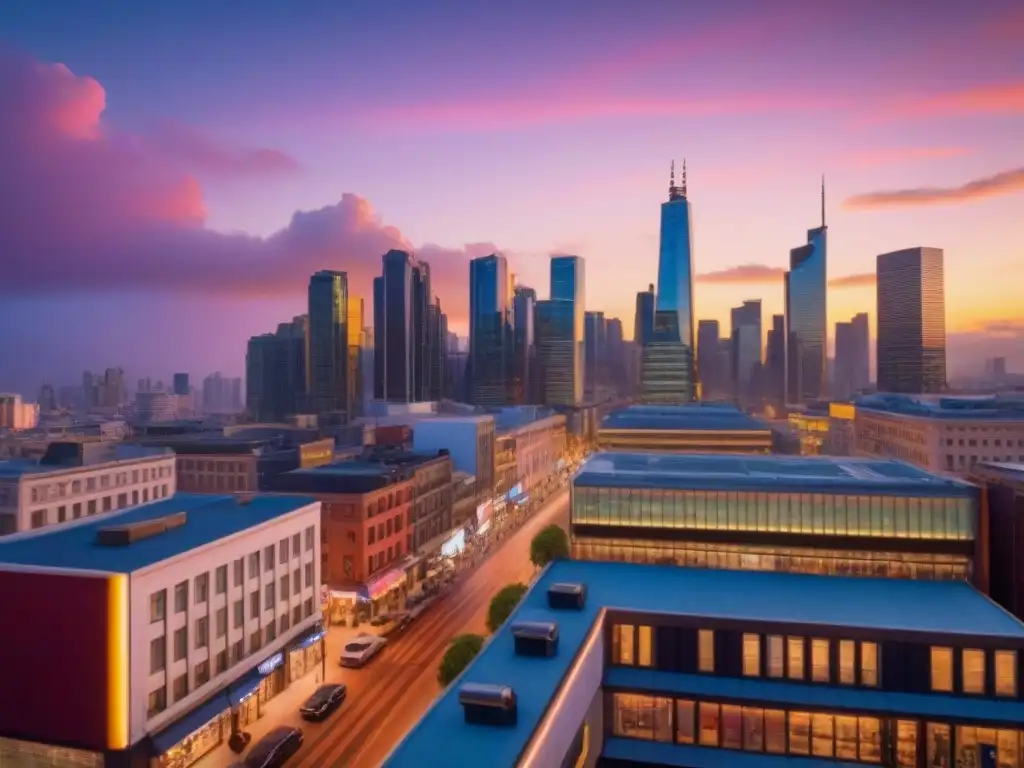 Horizonte urbano vibrante: comercios modernos al atardecer Vibrante ciudad al atardecer, con modernos edificios y negocios diversos, simbolizando la renovación seguros propiedades comerciales