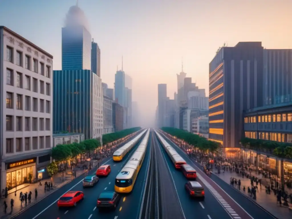 Desarrollo urbano sostenible: ciudad moderna al atardecer Vibrante ciudad al atardecer con modernos edificios, transporte público, áreas verdes y diversidad de personas