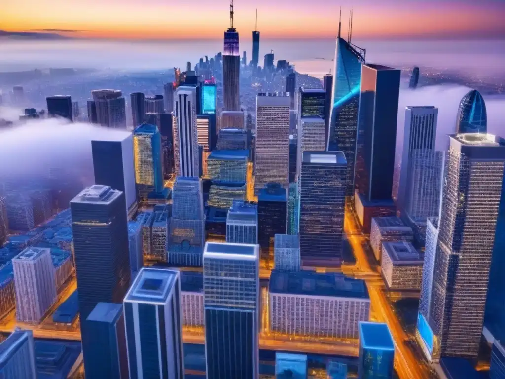 Innovación urbana: Profesionales en la ciudad del futuro Vibrante ciudad al atardecer con profesionales y tecnología futurista, reflejando tendencias demográficas inversiones inmobiliarias