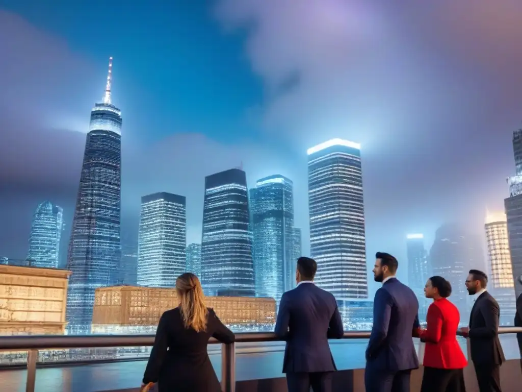 Profesionales debatiendo en la ciudad moderna al atardecer Vibrante ciudad al atardecer con profesionales planeando