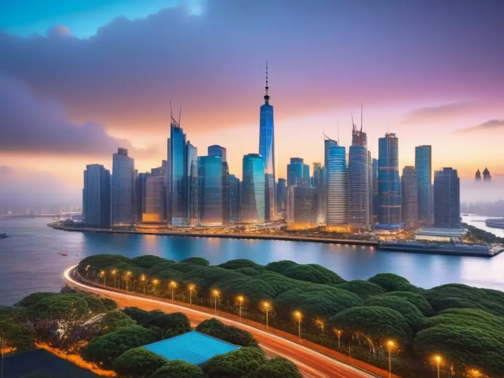 Horizonte urbano vibrante: profesionales en ciudad iluminada Vibrante ciudad al atardecer con profesionales y rascacielos iluminados, reflejando tendencias macroeconómicas inversión inmobiliaria