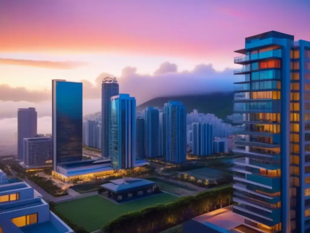 Innovación urbana: regulaciones inmobiliarias impactan en la ciudad Vibrante ciudad al atardecer con profesionales discutiendo, reflejando las regulaciones alquiler vacacional estrategia inversión