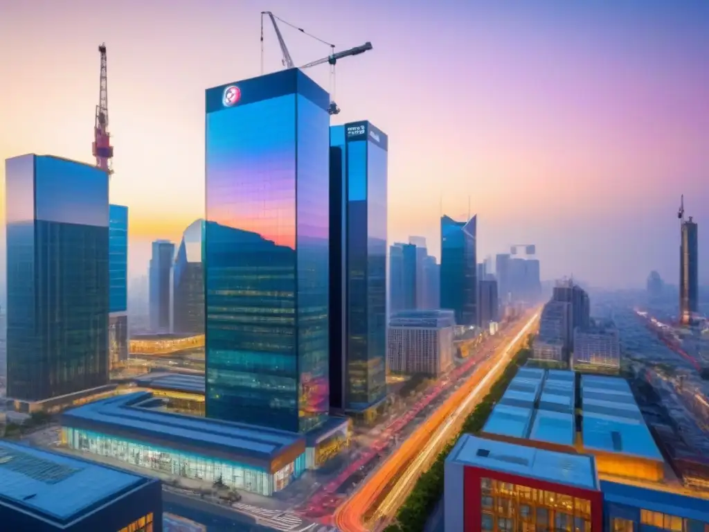 Skyline urbano al anochecer: oficina de seguros moderna y vibrante Vibrante ciudad al atardecer con propiedades comerciales modernas y una oficina de seguros iluminada, reflejando un mercado inmobiliario dinámico