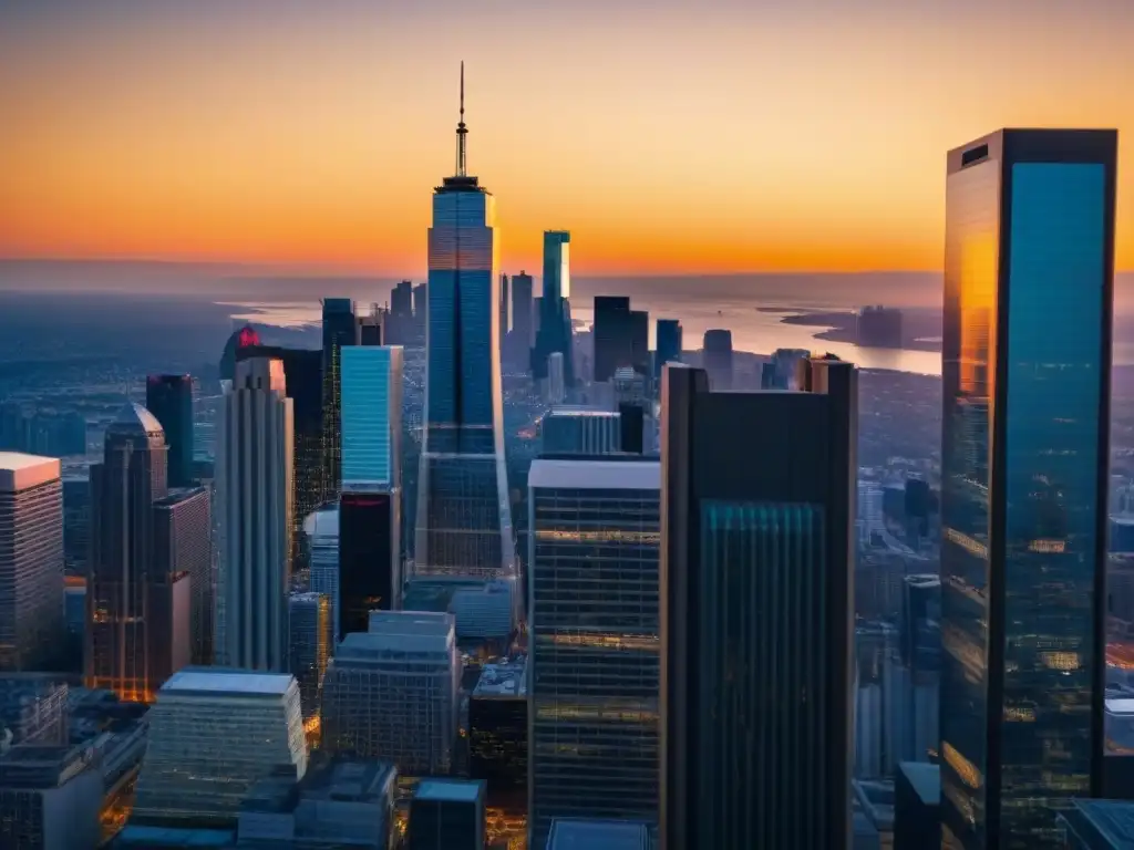 Horizonte urbano al atardecer: inversión financiera en la ciudad Vibrante ciudad al atardecer con rascacielos, reflejos dorados del sol