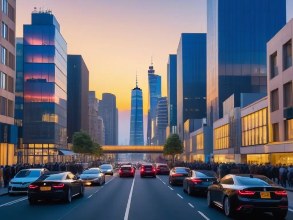 Horizonte urbano moderno al atardecer: luces y movimiento Vibrante ciudad al atardecer con rascacielos iluminados, simbolizando la gestión de riesgos en el mercado inmobiliario