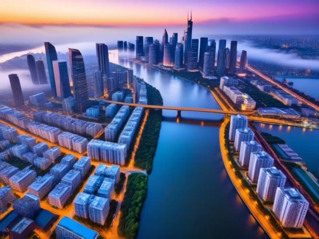 Espectacular ciudad al atardecer: inversión inmobiliaria y medio ambiente Vibrante ciudad al atardecer, rascacielos iluminados reflejados en el río, un contraste entre urbanización y naturaleza