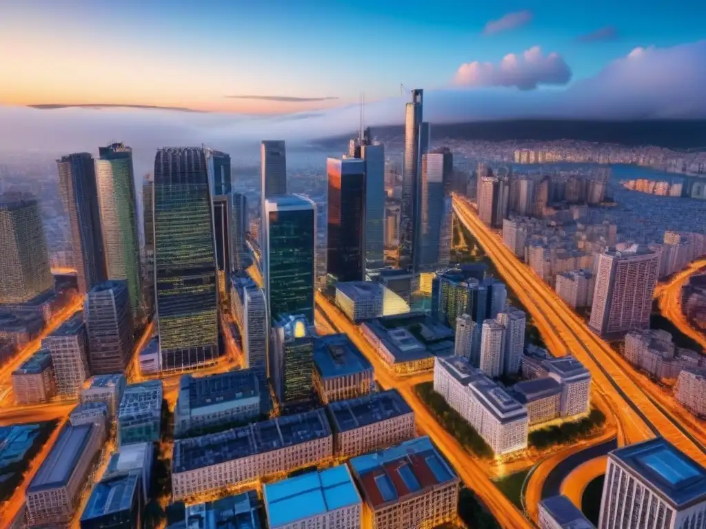 Horizonte urbano brillante: cielo nocturno y rascacielos iluminados Vibrante ciudad al atardecer con rascacielos iluminados y tráfico, símbolo de finanzas estructuradas en inmobiliario global