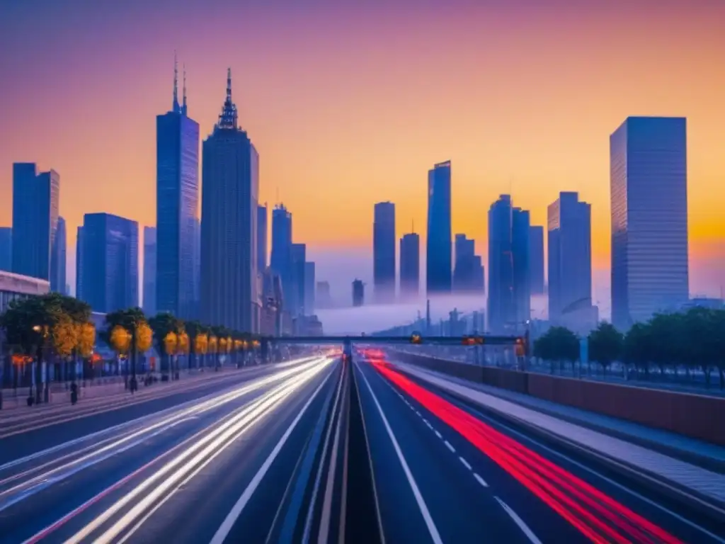 Vibrante ciudad al atardecer: mercado inmobiliario en crecimiento Vibrante ciudad al atardecer, con rascacielos iluminados por el sol y una calle bulliciosa