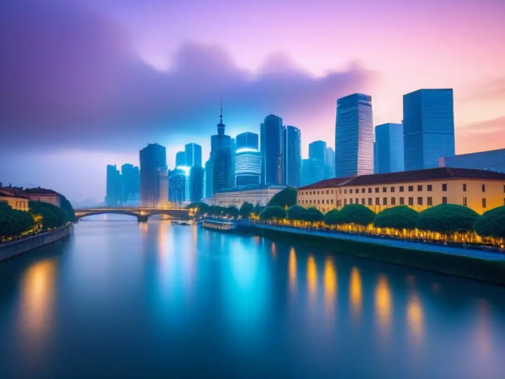 Inversión inmobiliaria en metrópolis vibrante: skyline urbano al atardecer Vibrante ciudad al atardecer con rascacielos iluminados, reflejados en un río, ideal para Estrategias inversión inmobiliaria largo plazo