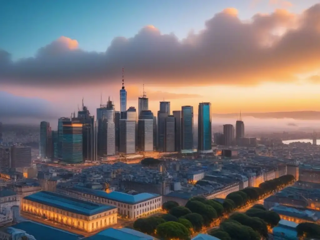 Horizonte urbano vibrante al anochecer en 8k ultradetallado Vibrante ciudad al atardecer con rascacielos iluminados y calles llenas de tráfico, ideal para inversiones inmobiliarias en períodos de inflación