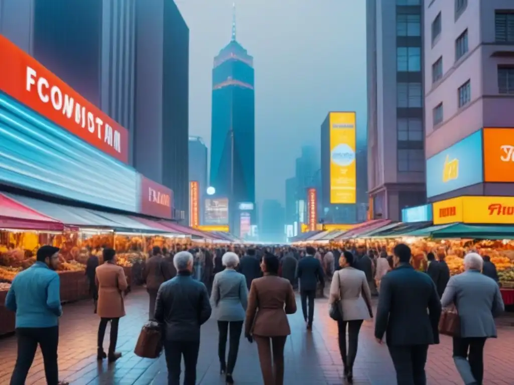 Cityscape vibrante en crepúsculo: modernidad y diversidad urbana Vibrante ciudad al atardecer, con rascacielos modernos iluminados por luces neón