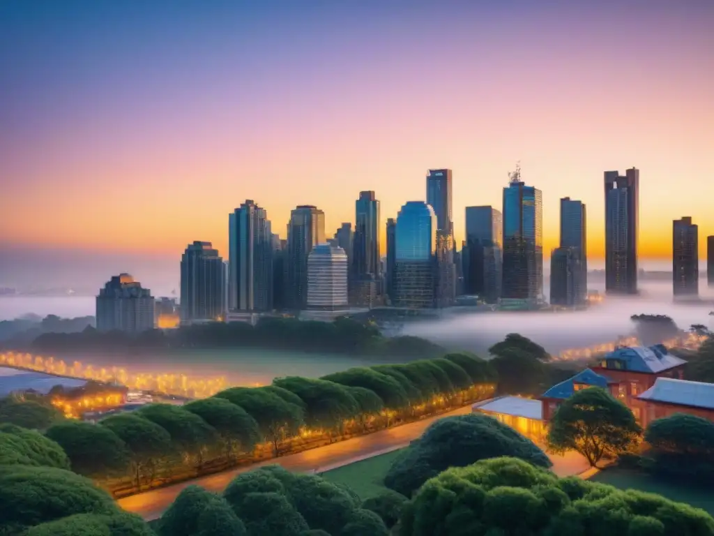 Horizonte metropolitano al atardecer: crecimiento y oportunidades Vibrante ciudad al atardecer con rascacielos y vegetación, reflejando oportunidad y crecimiento