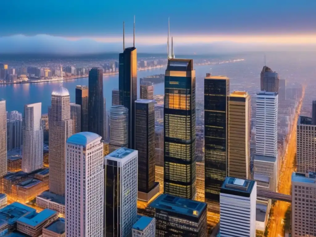 Vibrante ciudad al atardecer: oportunidades de inversión en bienes raíces Vibrante ciudad al atardecer con rascacielos modernos y edificios históricos iluminados