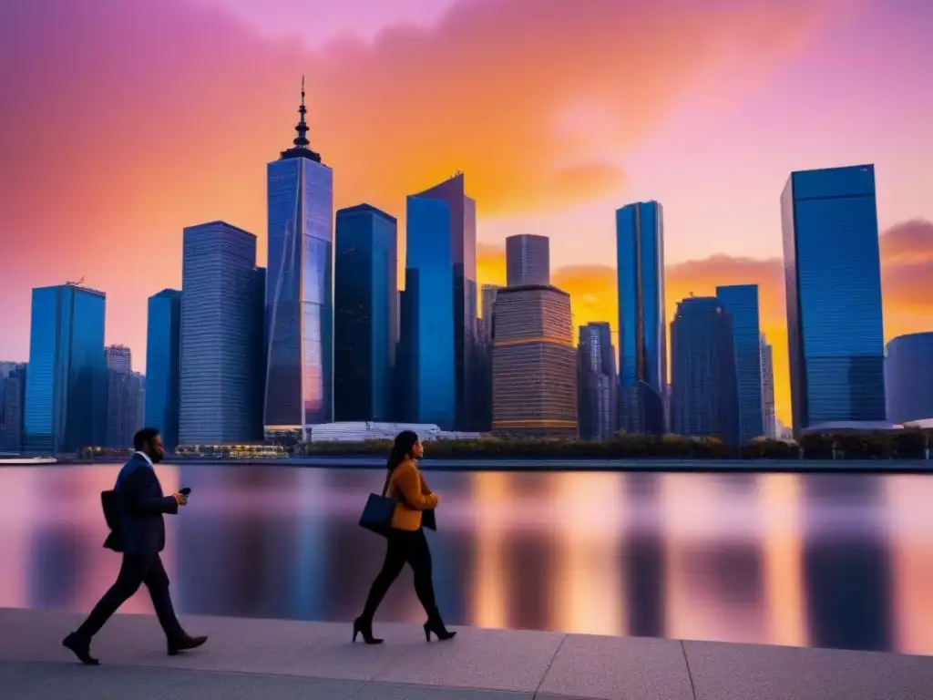 Horizonte urbano al atardecer: auge financiero en la ciudad Vibrante ciudad al atardecer, con rascacielos reflejando el sol dorado
