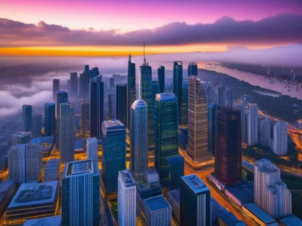 Vista aérea impresionante de ciudad moderna al atardecer Vibrante ciudad al atardecer: rascacielos modernos, arquitectura futurista y calles iluminadas por el sol