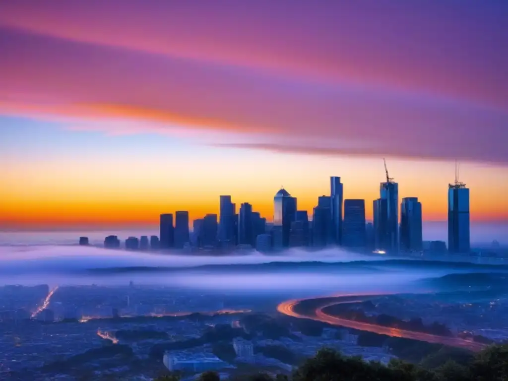 Horizonte urbano al atardecer: oportunidades de inversión inmobiliaria Vibrante ciudad al atardecer, con rascacielos modernos reflejando tonos naranjas y rosados