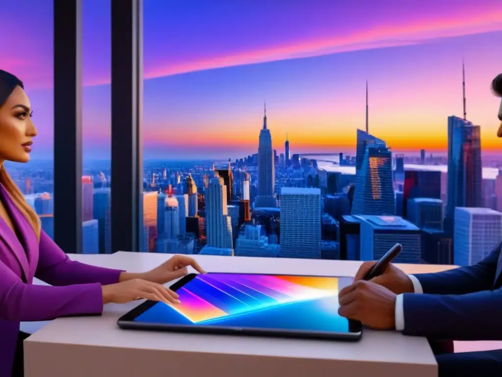 Atardecer vibrante en ciudad moderna y colaborativa Vibrante ciudad al atardecer con rascacielos modernos y profesionales discutiendo, transmitiendo oportunidad en crowdfunding inmobiliario