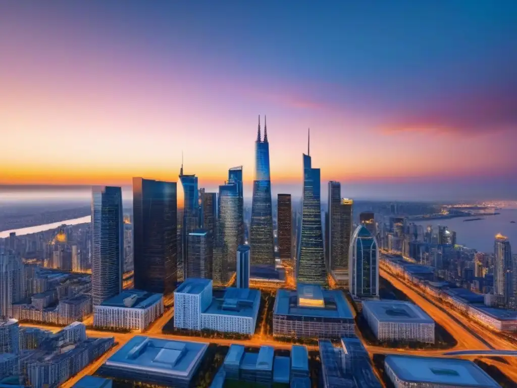 Horizonte urbano al atardecer: inversión y prosperidad en 8k Vibrante ciudad al atardecer, con rascacielos modernos iluminados por el sol poniente