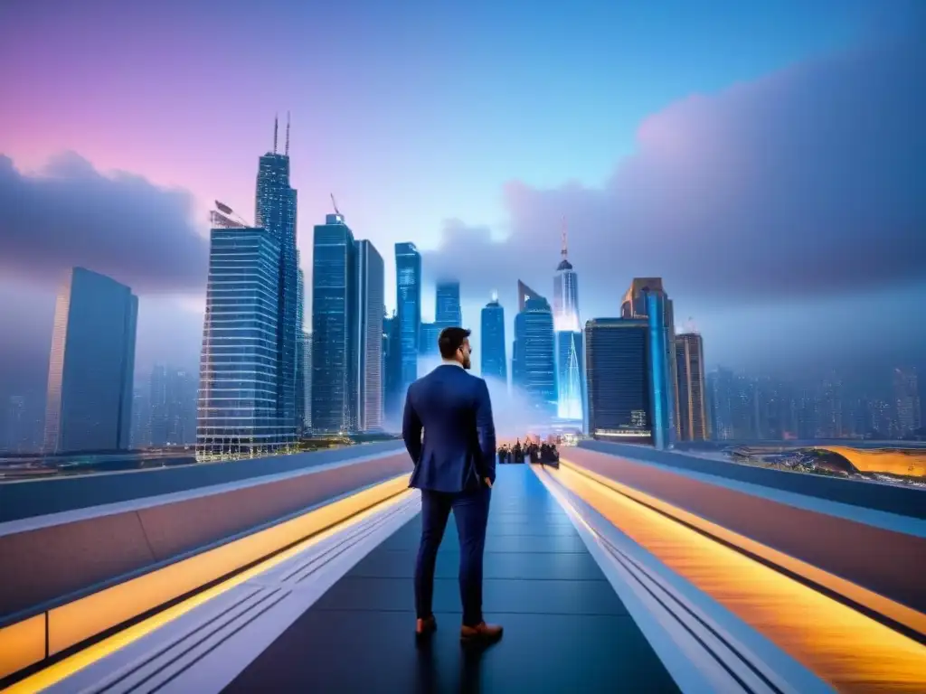 Inversión inmobiliaria: crecimiento y colaboración en la ciudad futurista Vibrante ciudad al atardecer con rascacielos iluminados y profesionales debatiendo, simbolizando innovación en el mercado inmobiliario