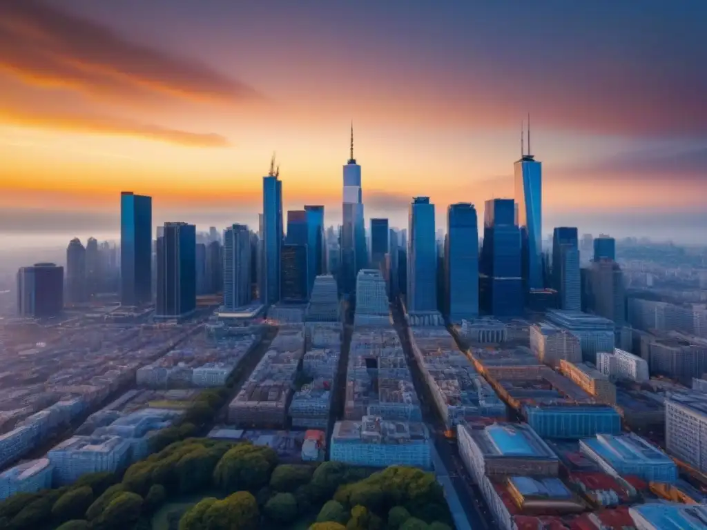 Horizonte urbano al atardecer: mercado inmobiliario en auge Vibrante ciudad al atardecer: rascacielos modernos y edificios históricos, ideal para las mejores estrategias inversión mercado inmobiliario