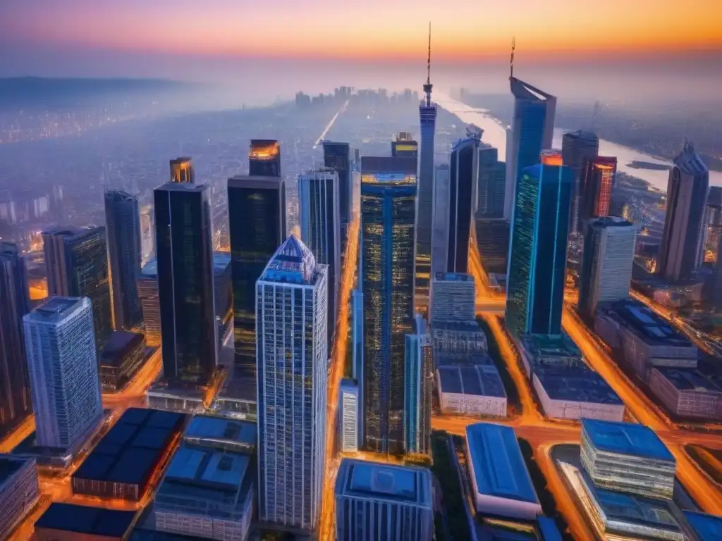 Metrópolis nocturna: real estate en movimiento Vibrante ciudad al atardecer con rascacielos iluminados y bulliciosa calle