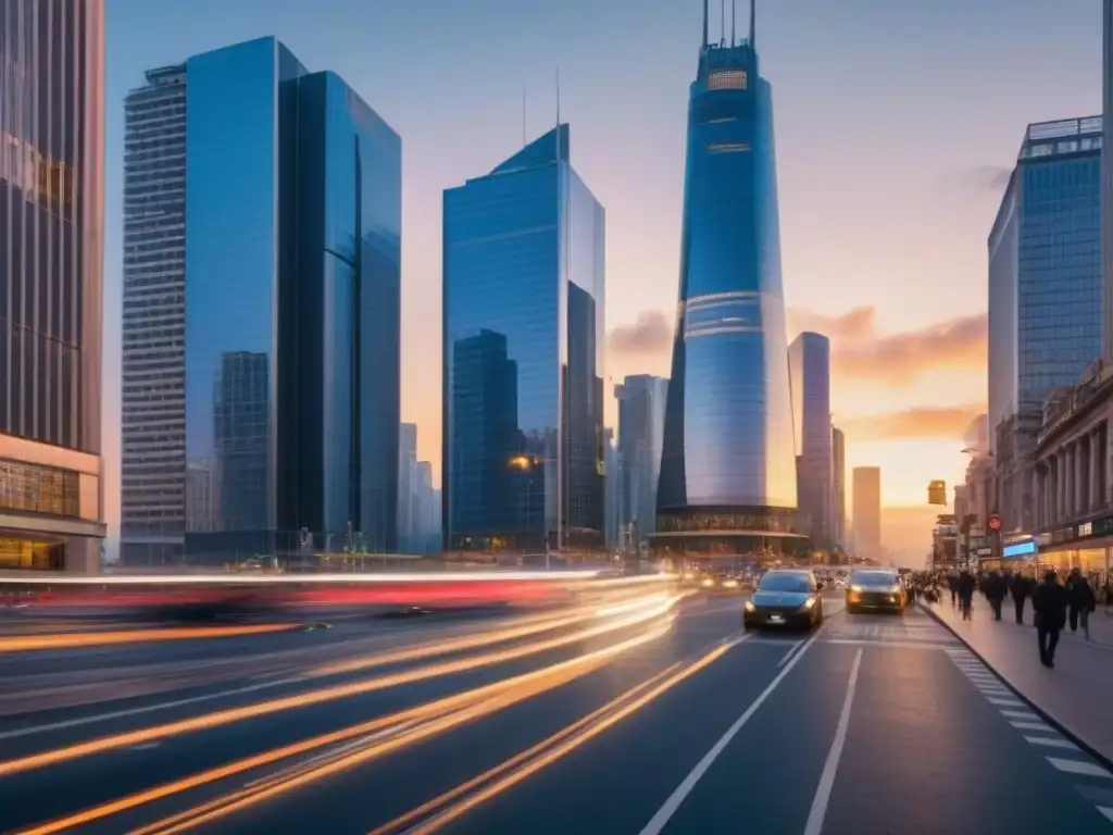 Horizonte urbano al atardecer: modernidad y movimiento en 2023 Vibrante ciudad al atardecer con rascacielos modernos y bulliciosa intersección urbana