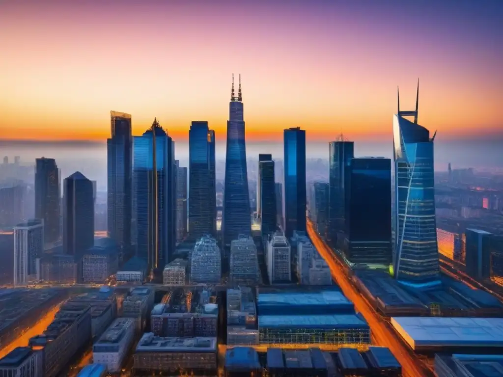 Skyline urbano en 8k: realismo y modernidad en una ciudad vibrante Vibrante ciudad al atardecer, rascacielos modernos iluminados reflejando la luz