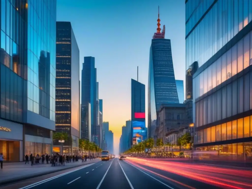 Horizonte urbano al atardecer: seguro para propiedades comerciales Vibrante ciudad al atardecer con rascacielos reflejando la luz, destacando propiedades comerciales y calles concurridas