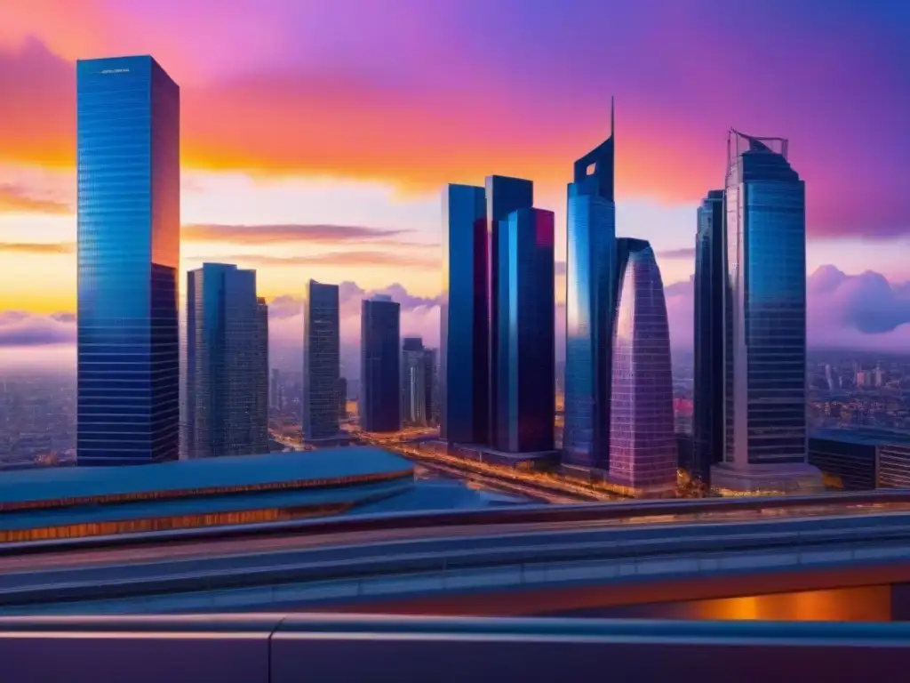 Horizonte urbano moderno al atardecer: luces y cristales Vibrante ciudad al atardecer, con rascacielos modernos y luces de la ciudad