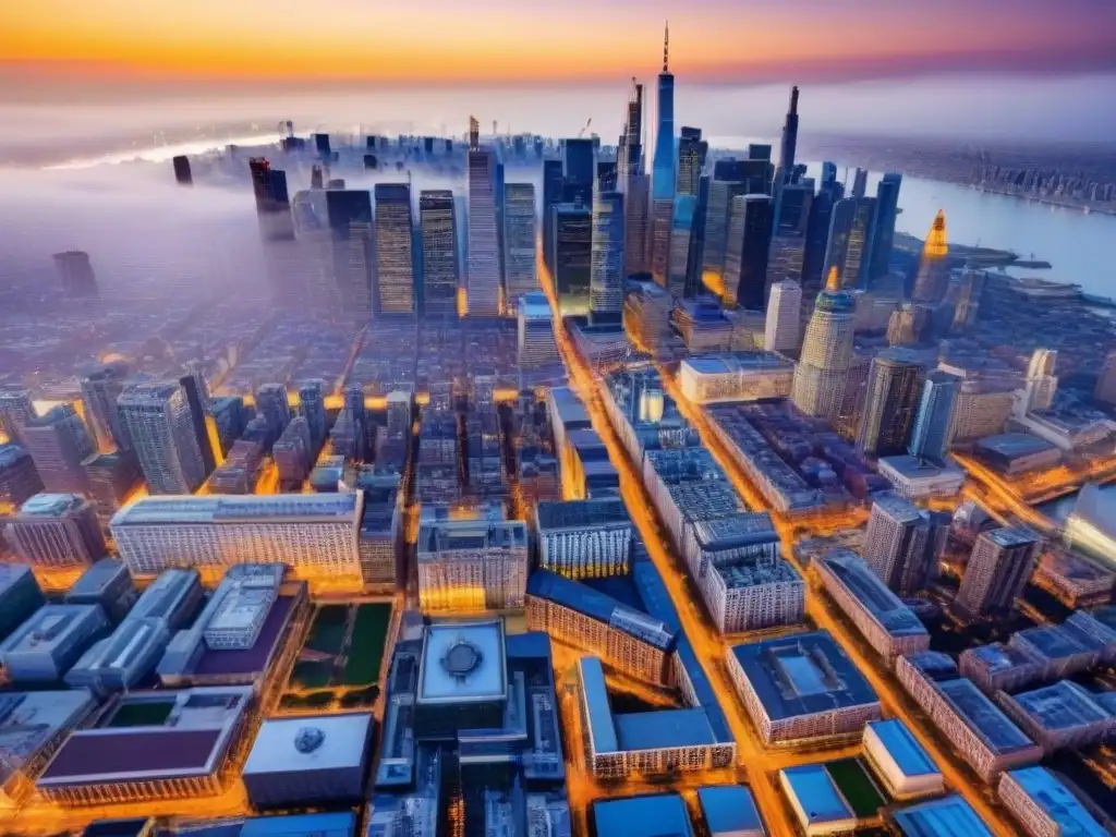 Cityscape vibrante al atardecer: modernidad y tradición en la metrópolis Vibrante ciudad al atardecer, mezcla de rascacielos y arquitectura histórica iluminada por luces de la ciudad