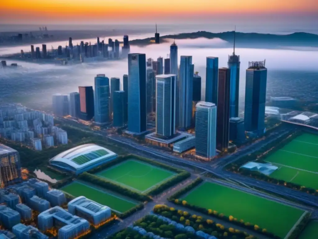 Amanecer urbano: modernidad y dinamismo en la ciudad al atardecer Vibrante ciudad al atardecer, con rascacielos modernos, parques urbanos y calles llenas de actividad