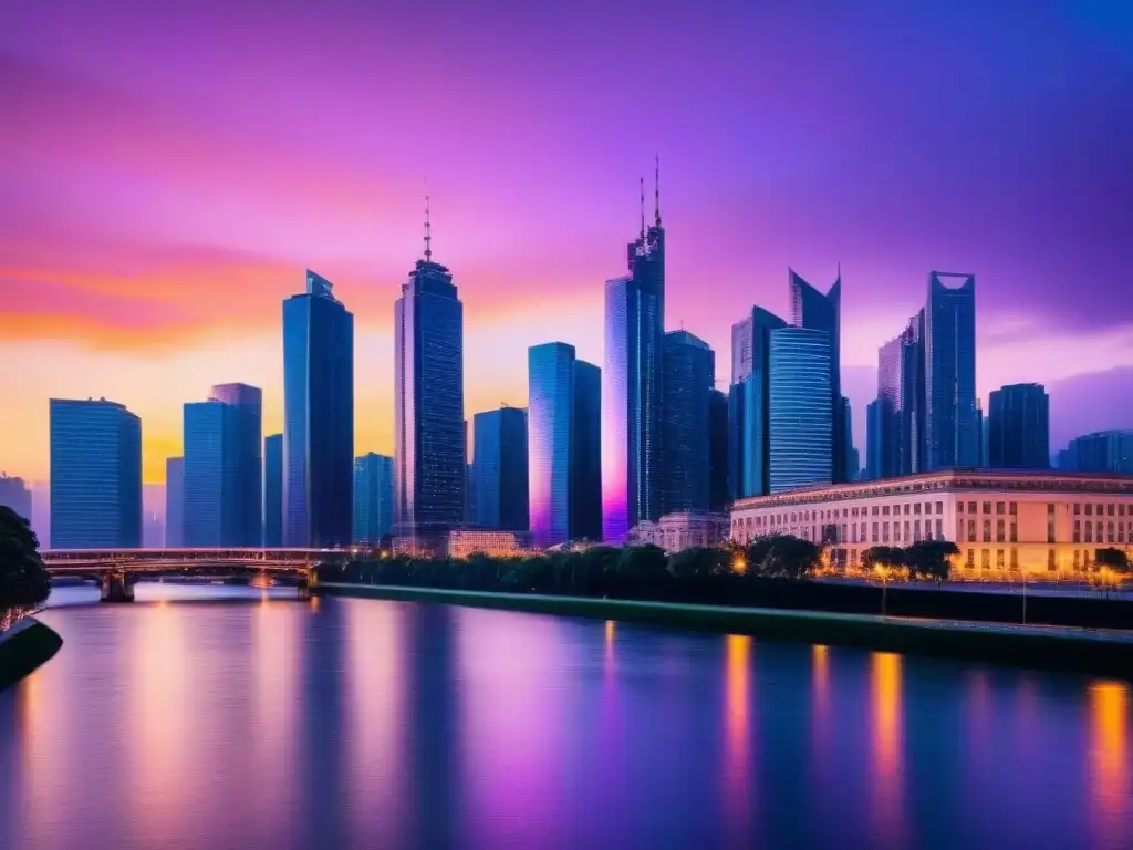 Horizonte urbano moderno al atardecer: luces brillantes y río sereno Vibrante ciudad al atardecer, con rascacielos iluminados y río sereno reflejando luces