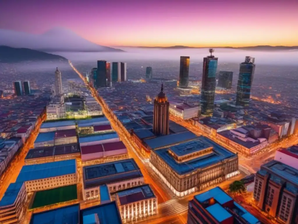 Horizonte vibrante de Ciudad de México al atardecer Vibrante ciudad de México al atardecer, con rascacielos modernos, calles bulliciosas y luces urbanas brillantes