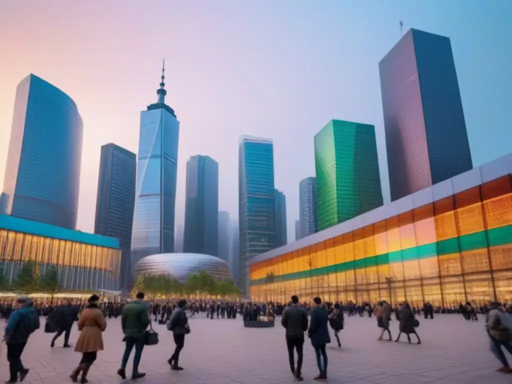 Plaza urbana innovadora: luces y cultura en la ciudad Vibrante ciudad al atardecer, con rascacielos iluminados y una plaza urbana interactiva