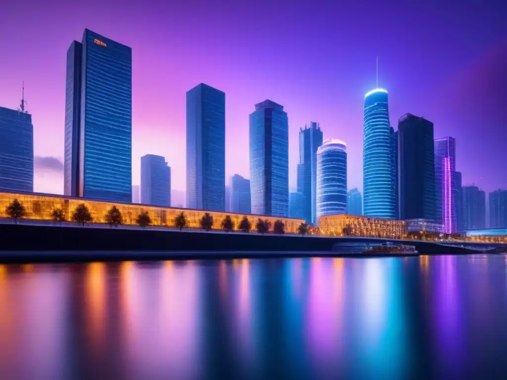 Vibrante ciudad nocturna: luces neón en skyline urbano Vibrante ciudad al atardecer reflejada en el río: progreso, innovación y prosperidad