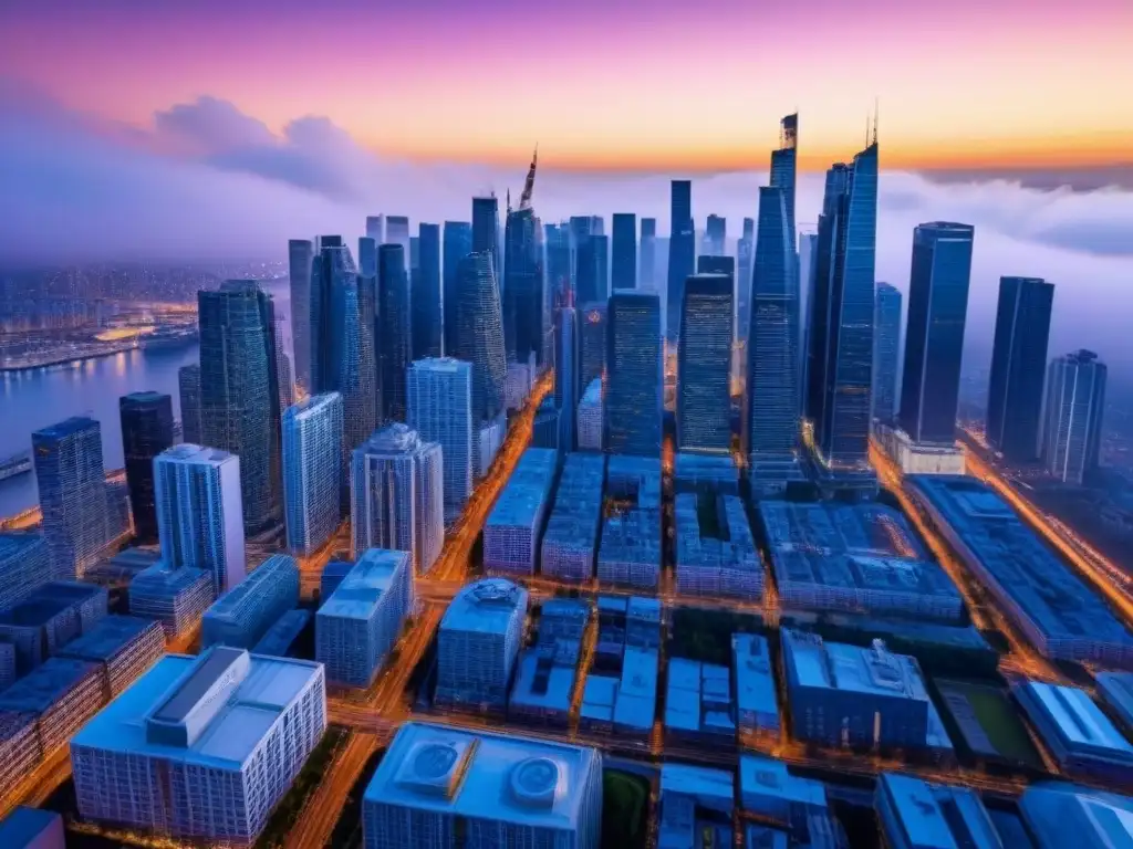Horizonte urbano en atardecer: metrópolis moderna y vibrante Vibrante ciudad al atardecer, reflejo de tendencias demográficas e inversiones inmobiliarias