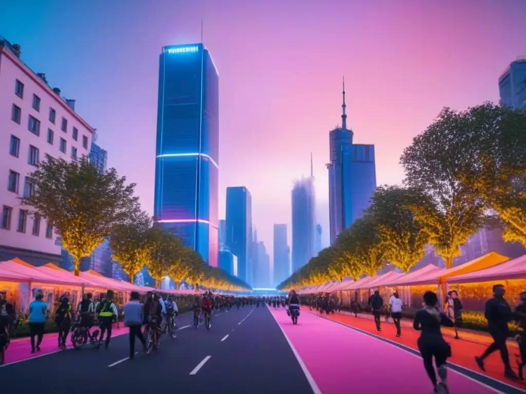 Metrópolis futurista: luces, calles y parque verde al atardecer Vibrante ciudad al atardecer con planificación urbana salud pública integrada