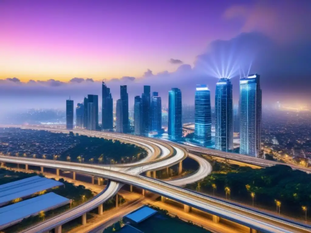 Skyline futurista: impacto de las autopistas urbanas en la valoración inmobiliaria Vibrante ciudad con autopistas urbanas y valoración inmobiliaria en sinergia