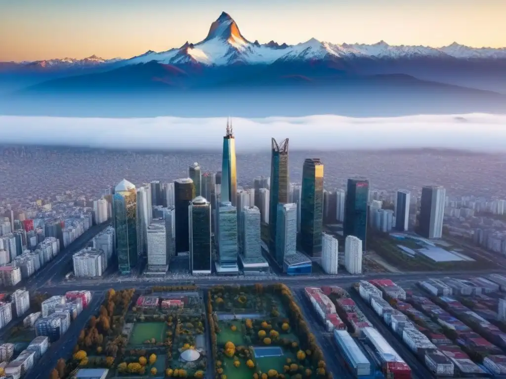 Espléndido paisaje urbano de Chile: armonía entre modernidad y naturaleza Vibrante ciudad chilena con rascacielos y montañas de los Andes al fondo, ideal para inversiones inmobiliarias en Chile