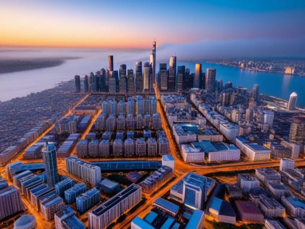 Horizonte urbano al atardecer: modernidad y éxito Vibrante ciudad comercial al atardecer con modernos edificios iluminados, reflejando éxito en inversión propiedades comerciales casos
