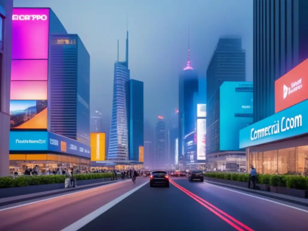 Vibrante ciudad nocturna: skyline moderno y profesionales en acción Vibrante ciudad comercial al anochecer con rascacielos iluminados y profesionales en acción