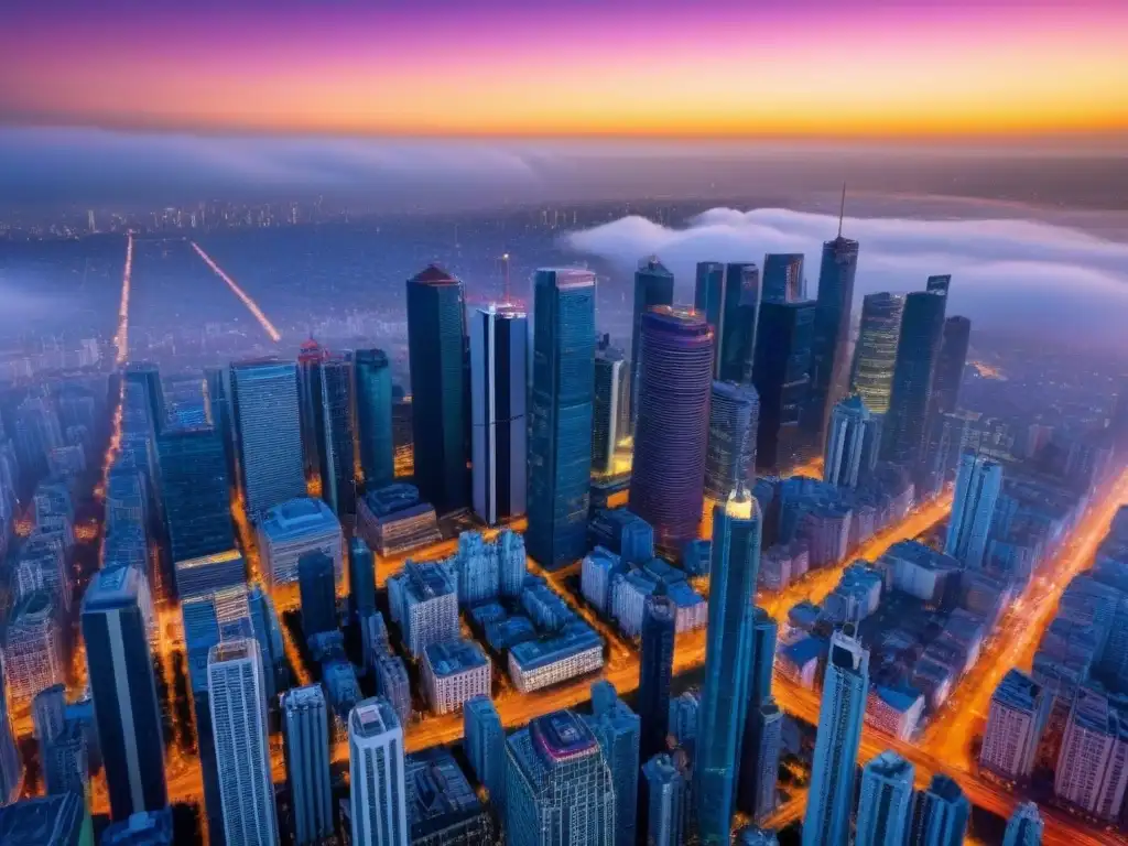 Vista aérea impactante de ciudad cosmopolita al atardecer Vibrante ciudad cosmopolita al atardecer con rascacielos y gente, reflejando el mercado inmobiliario internacional