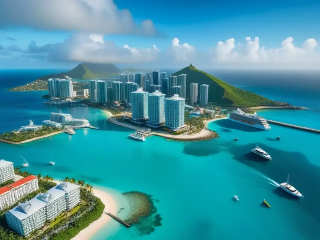 Horizonte caribeño: mezcla vibrante de modernidad y color Vibrante ciudad costera del Caribe con modernos rascacielos y edificios coloridos, reflejando el dinámico análisis sector inmobiliario Caribe