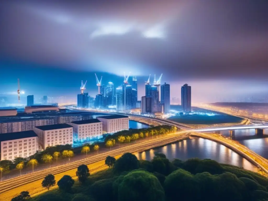 Horizonte urbano en construcción: modernidad e innovación en desarrollo Vibrante ciudad en crecimiento con grúas y rascacielos, simbolizando inversiones en zonas con infraestructura