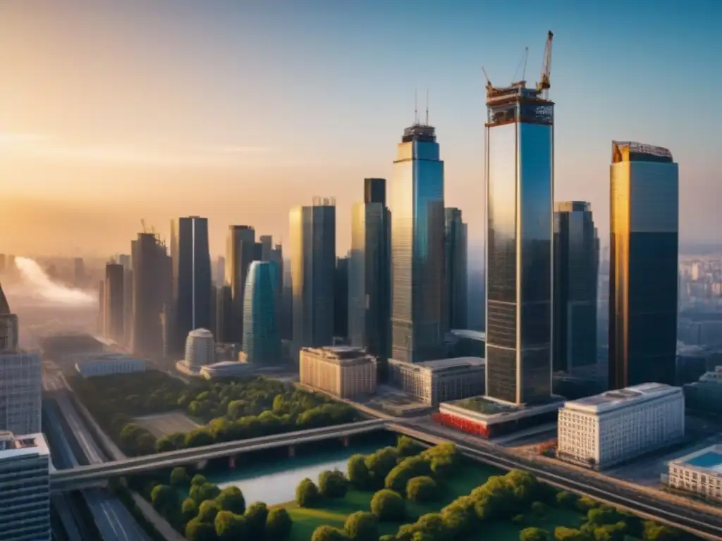 Inversión inmobiliaria: crecimiento y oportunidades en la ciudad moderna Vibrante ciudad en crecimiento con rascacielos modernos en construcción, reflejando el impacto del quantitative easing en el mercado inmobiliario