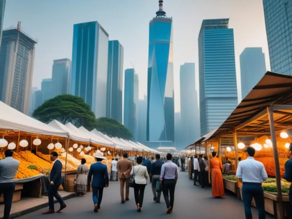 Metrópolis vibrante: lujo y tradición en mercados emergentes Vibrante ciudad en desarrollo con rascacielos modernos y puestos de mercado tradicionales, reflejando la riqueza cultural