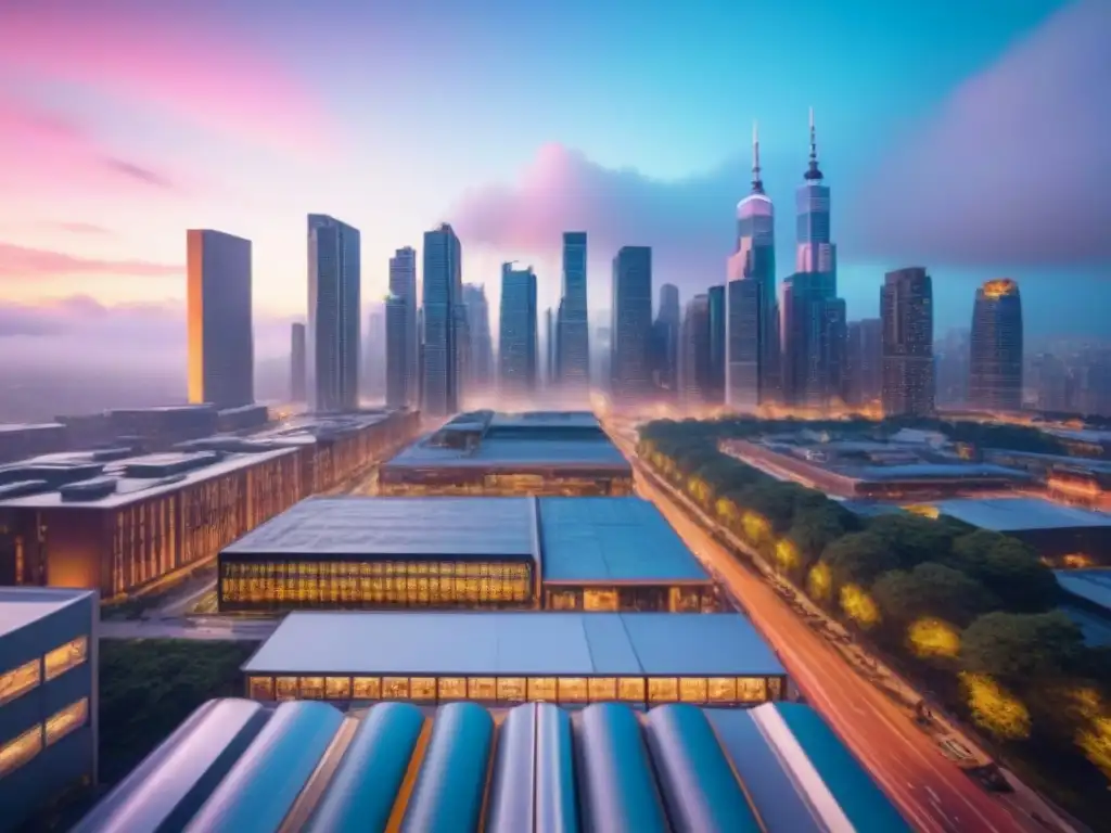 Vibrante ciudad al atardecer: innovación y comunidad Vibrante ciudad al anochecer, reflejando el desarrollo urbano y la calidad de vida a través de la interacción comunitaria